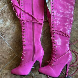 Hot Pink Patent Leather Lace Up Thigh High Boots Size Seven